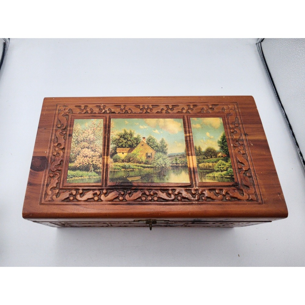 Vintage Hand Carved Cedar Wood Jewelry Keepsake Box Pastoral Landscape Scene